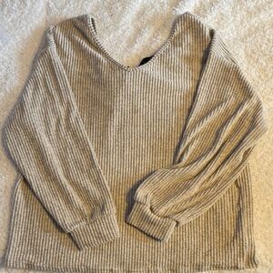 Elegant V-Neck Ribbed Sweater - Beige